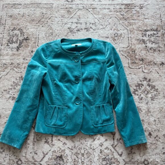 Vintage preppy velvet like Turquoise Button-Up Jacket - Picture 6 of 6